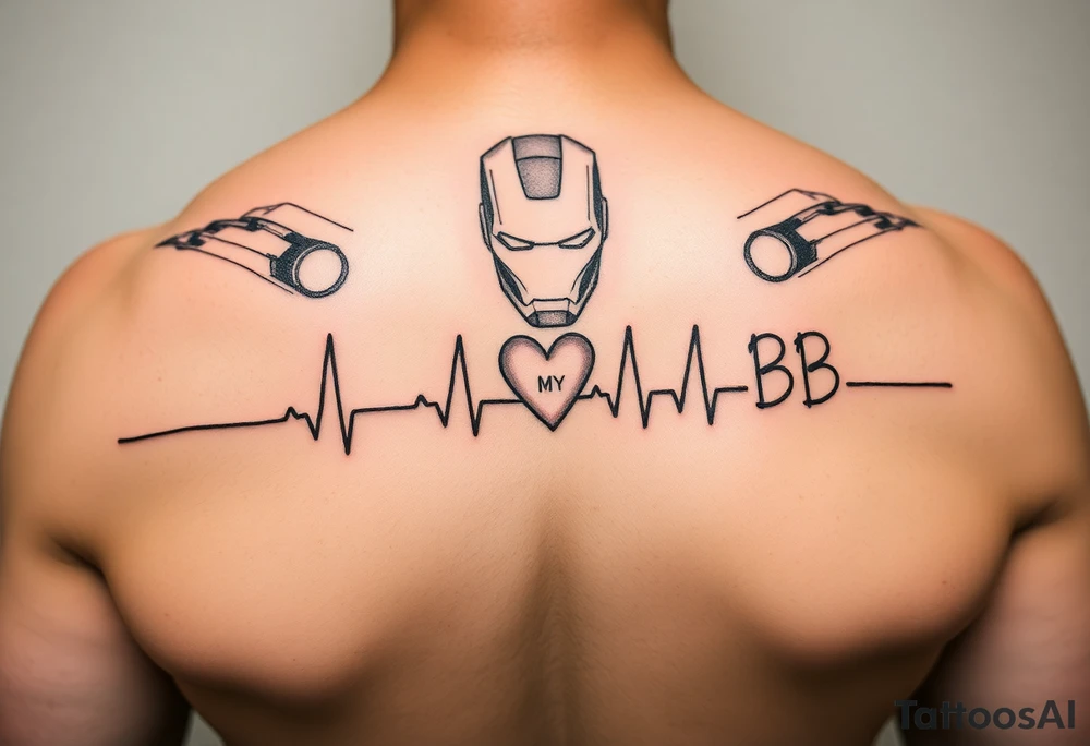 Ironman starting a heartbeat line, ending the words "MY BB tattoo idea