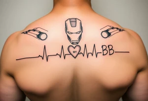 Ironman starting a heartbeat line, ending the words "MY BB tattoo idea