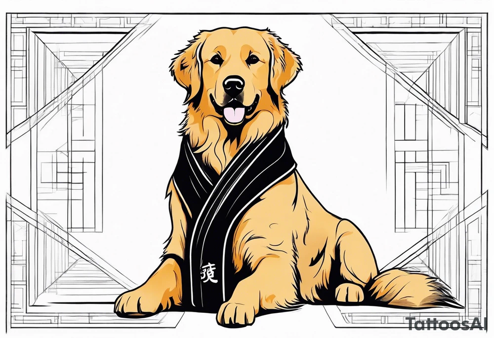 a golden retriever in a jujitsu gi full body view wearing a black belt tattoo idea