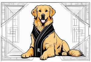 a golden retriever in a jujitsu gi full body view wearing a black belt tattoo idea