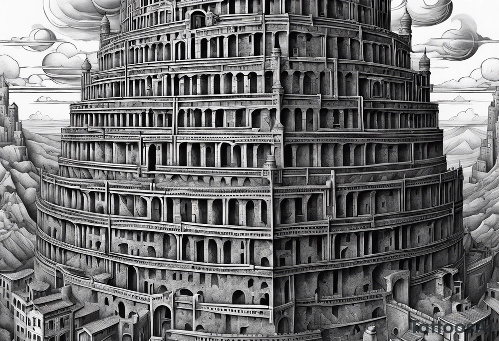 a surrealistic representation of the babel tower in the big bang tattoo idea