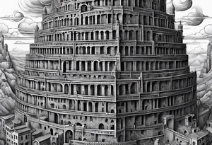 a surrealistic representation of the babel tower in the big bang tattoo idea