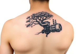 tree grown into an engine steam punk floating through the sky, machine is a home and a flying machine 
in color tattoo idea