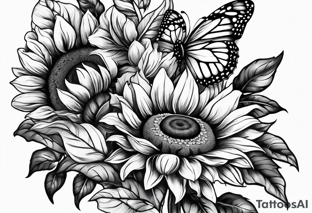 Arm sleeve with sunflowers and butterflies tattoo idea