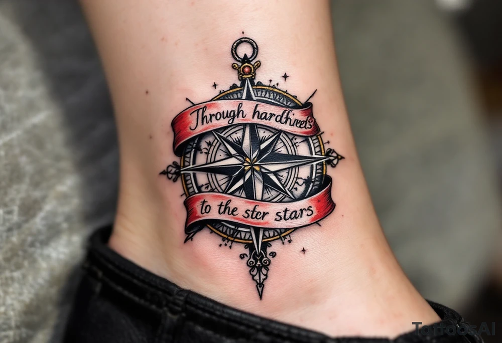 Wrapped in a crimson banner, the phrase “Through hardships to the stars” winds around a black-inked compass rose. tattoo idea