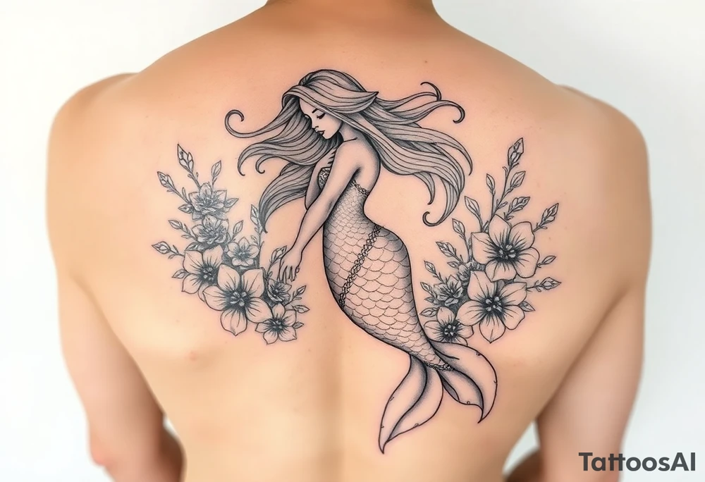 ethereal mermaid with flowing hair among coral and sea flowers tattoo idea