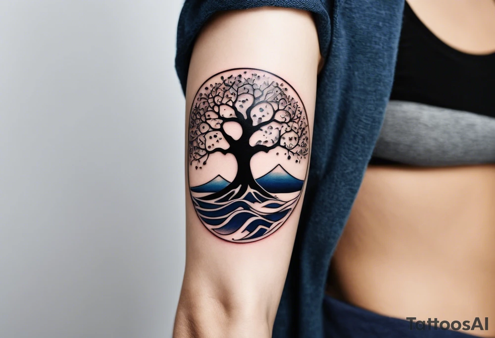 A tattoo of an abstract Tree of Life tattoo to be placed directly on the bicep of a woman. It can wrap around the arm a little. It should have roots growing out of the bottom. The roots slowly turn into water from the Great Wave by Hokusai. A golf flag should be placed discreetly growing out of the ground. 2 license plate tags should be hanging from the tree. Place a few music notes in the areas the leaves should be. The letters A U should be engraving into the tree trunk in a heart. tattoo idea