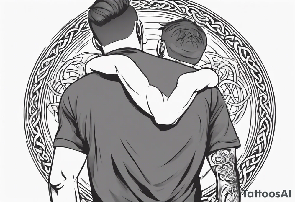 a father with his son on his shoulders from behind. A subtle design on their backs of celtic music. tattoo idea