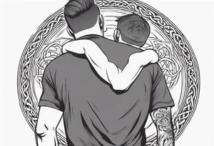 a father with his son on his shoulders from behind. A subtle design on their backs of celtic music. tattoo idea