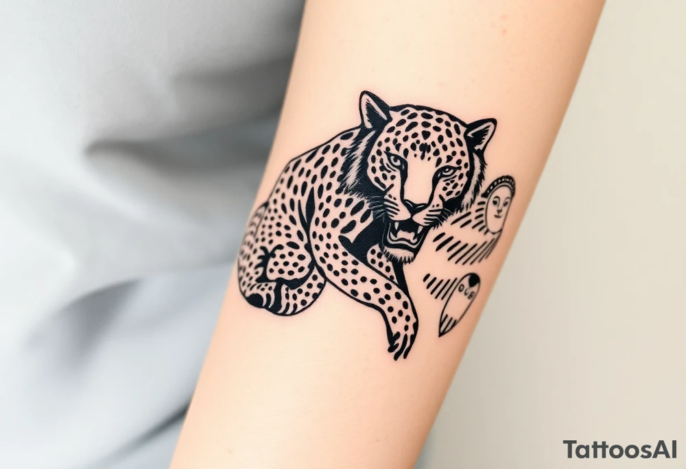 old school style montage of these big cats:
a leopard , a cheetah , a jaguar a black panther and a lion - as a wrap around bracelet style - about 3 inches each cat - on my upper right arm right above the elbow tattoo idea