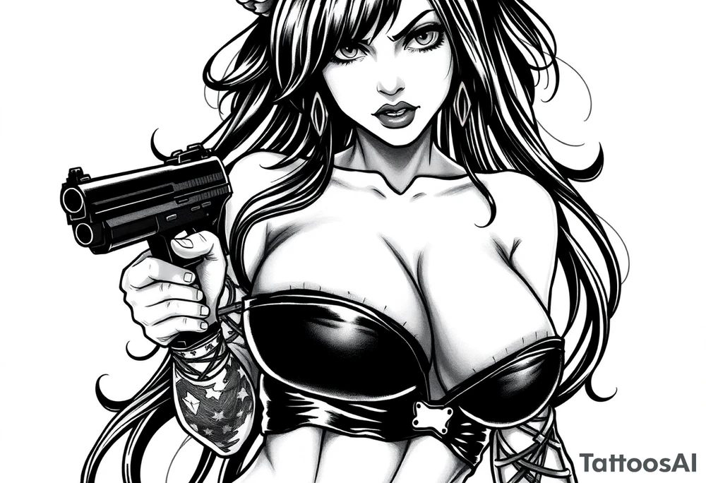 succubus, slut, holding gun, black, leather bikini, angry tattoo idea