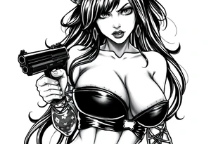 succubus, slut, holding gun, black, leather bikini, angry tattoo idea