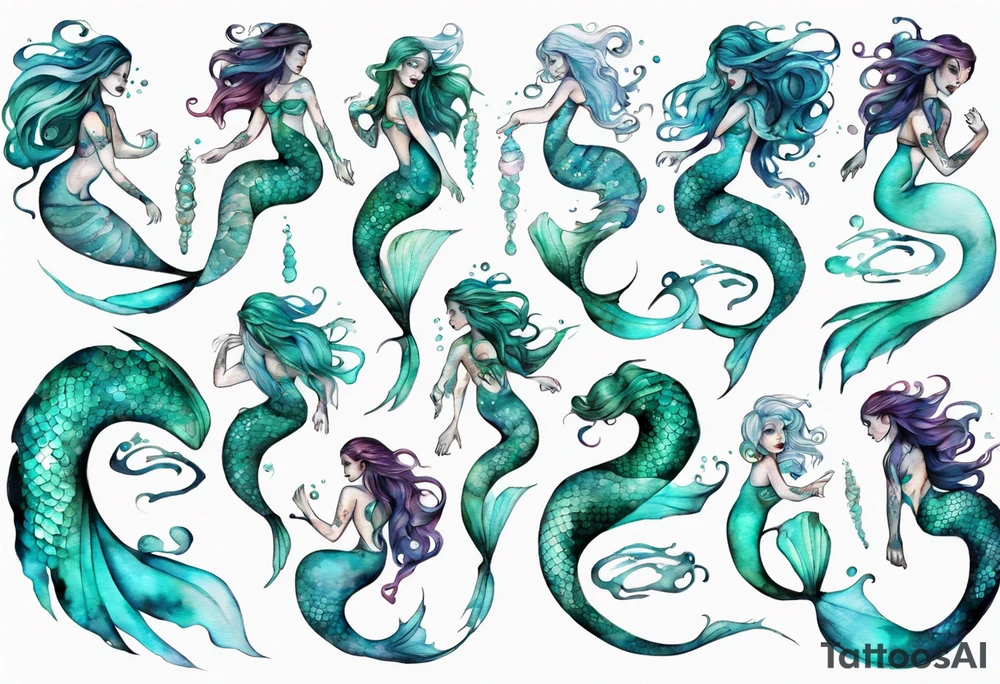 a mermaid serpent hybrid with turquoise scales by the ocean tattoo idea