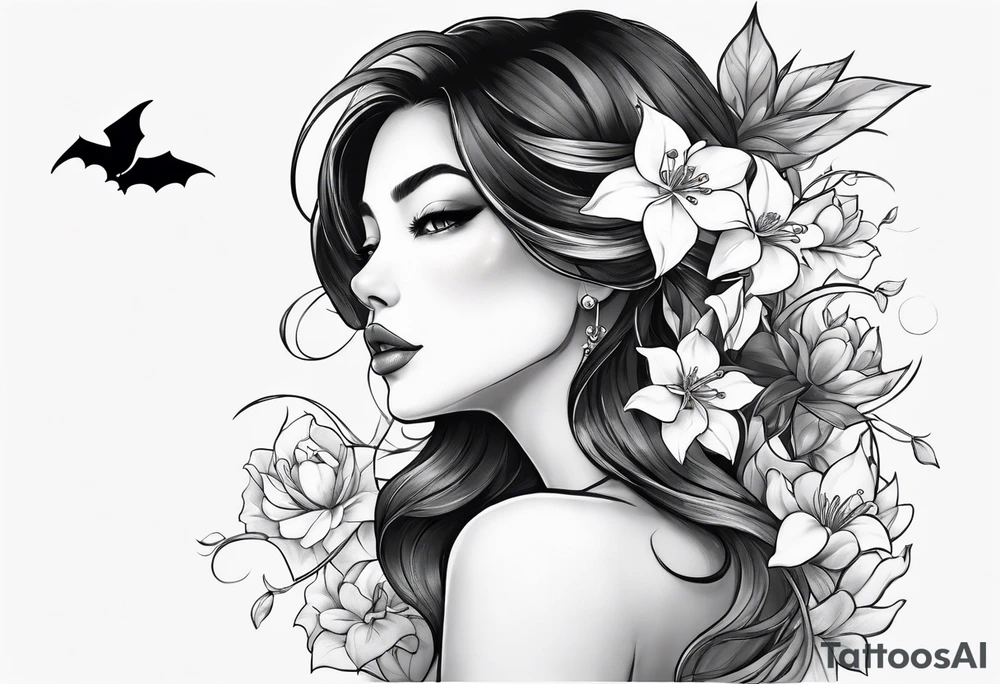 Shoulder and collarbone tattoo of a vibe of night-blooming Jasmine with a bat hanging from one of the stems tattoo idea