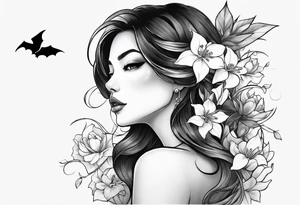 Shoulder and collarbone tattoo of a vibe of night-blooming Jasmine with a bat hanging from one of the stems tattoo idea