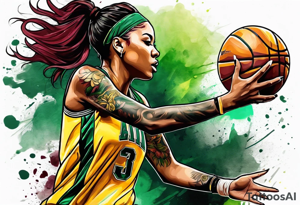 female basketball player with colors green, yellow, maroon and black tattoo idea