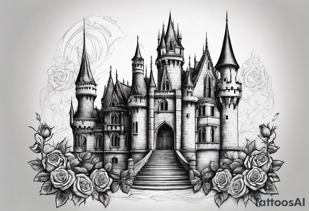 tall old broken gothic castle, broken sword, roses tattoo idea