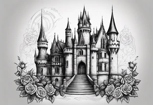 tall old broken gothic castle, broken sword, roses tattoo idea