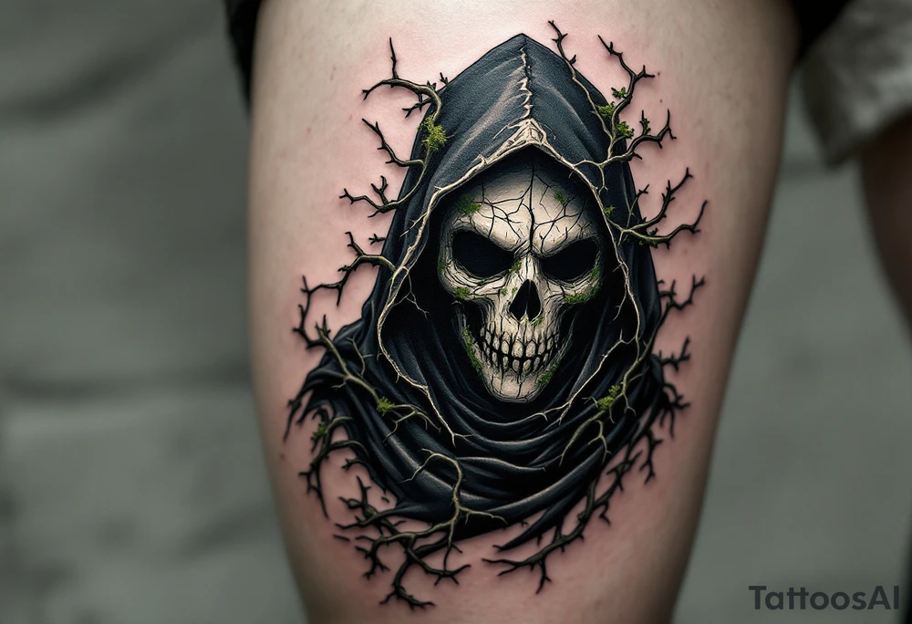 Plague Doctor with Thorned Vines – A mysterious figure cloaked in dark green and black, with thorny vines creeping over the robe and mask, symbolizing death and rebirth. The mask is cracked, with moss growing in its crevices. tattoo idea