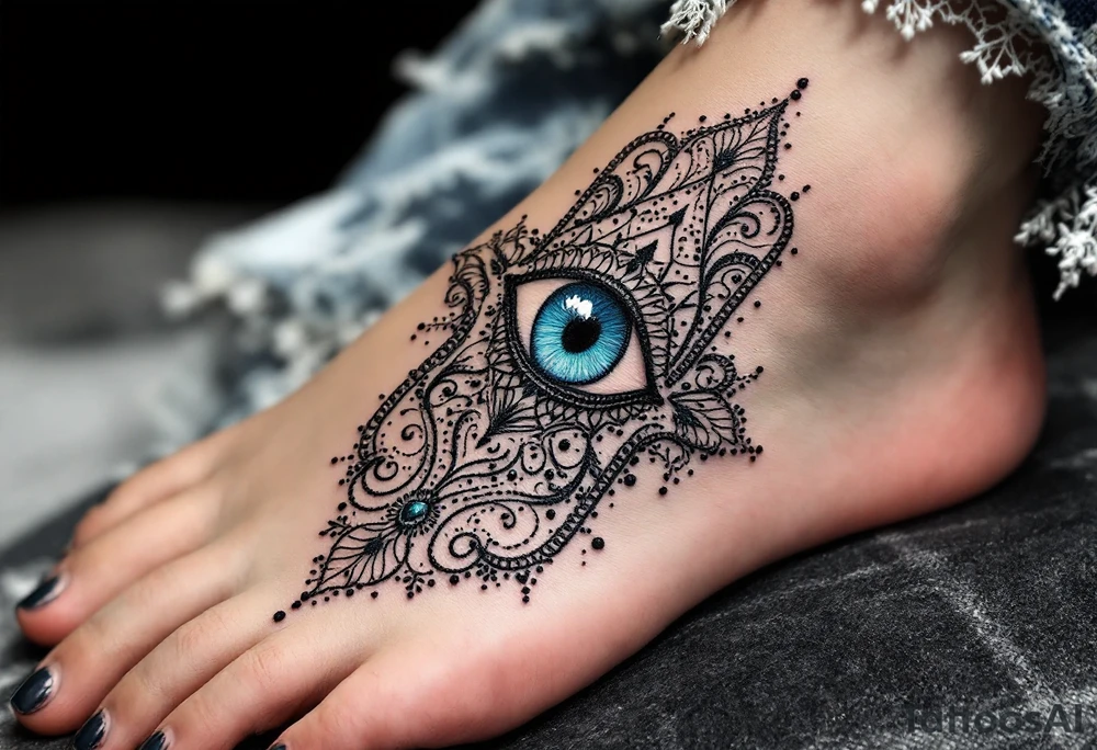 A detailed black ink Hamsa with a piercing blue evil eye at its center, warding off negativity. tattoo idea