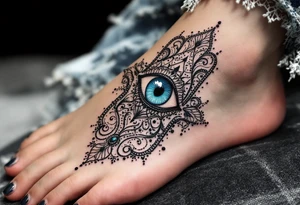 A detailed black ink Hamsa with a piercing blue evil eye at its center, warding off negativity. tattoo idea