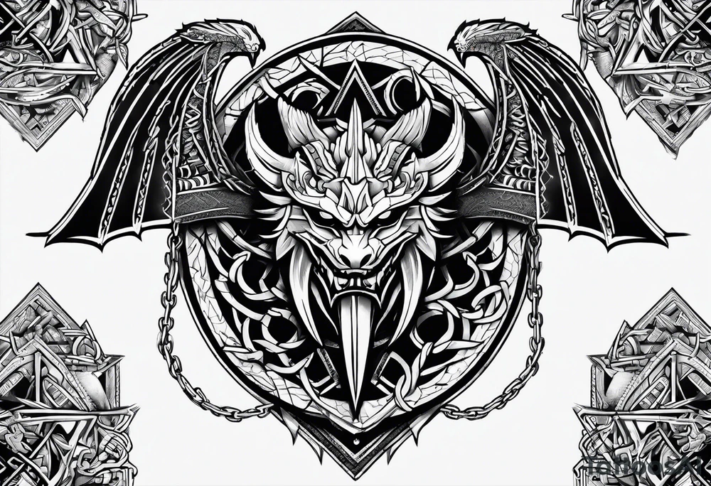 Valhalla sword shield dragon axe Valknut barbed wire chains tribal tattoo idea Valhalla sword shield dragon axe Valknut barbed wire chains tribal tattoo idea
