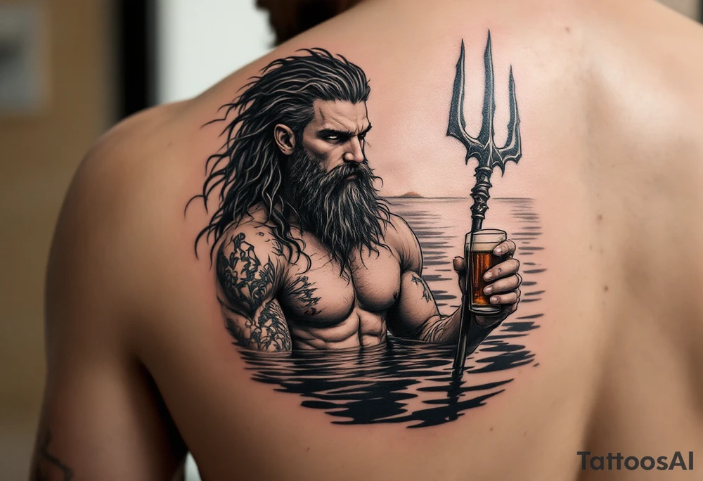 young, fit poseidon in calm water, holding a trident, drinking a beer, with sunset tattoo idea