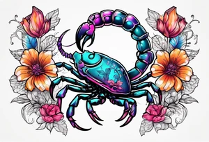 futuristic scorpion animation with flowers bloody tattoo idea