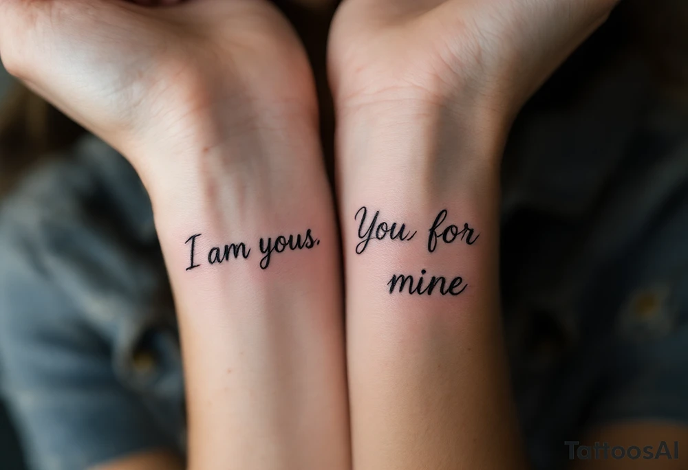 “I am yours” in soft gray on her wrist and “You are mine” in black on his neck symbolize mutual belonging. tattoo idea