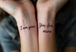 “I am yours” in soft gray on her wrist and “You are mine” in black on his neck symbolize mutual belonging. tattoo idea
