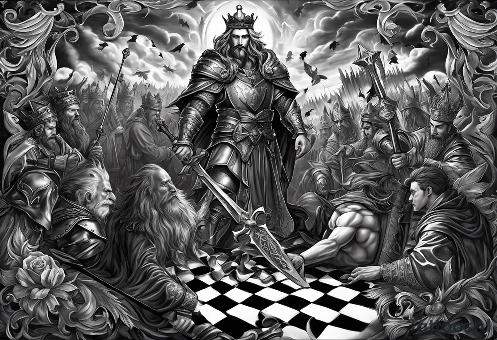 Illustrate a powerful scene where the angelic king checkmates the demonic king, symbolizing the triumph of good over evil in the strategic game of life. tattoo idea