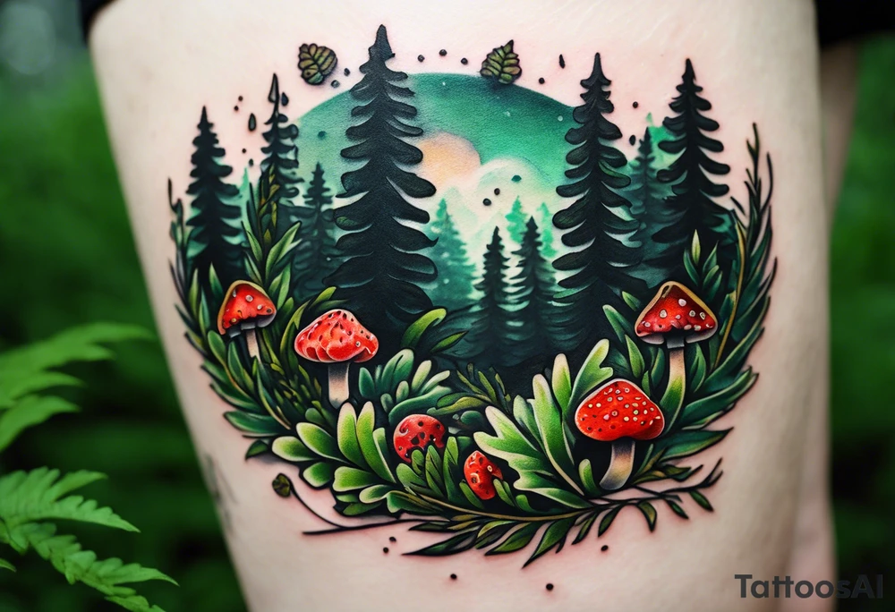 forest floor inspired minimalist tattoo, which includes grass, curly ferns and dead leaves as the bulk of the tattoo. details to include: three very tiny strawberries, a tiny bumblebee flying nearby, three small brown mushrooms tattoo idea