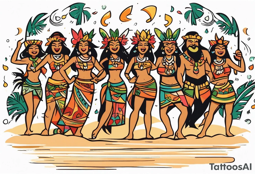 hulu tiki party with dancing tiki guys and sexy tiki girls on a beach with music notes and confetti around a blank space in the middle tattoo idea