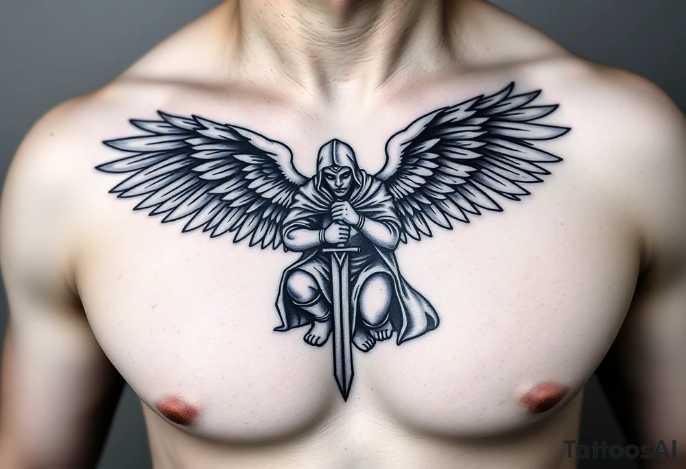 Warrior Angel with long sword  kneeling looking down cloak over head wings
 spread tattoo idea