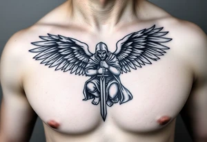 Warrior Angel with long sword  kneeling looking down cloak over head wings
 spread tattoo idea