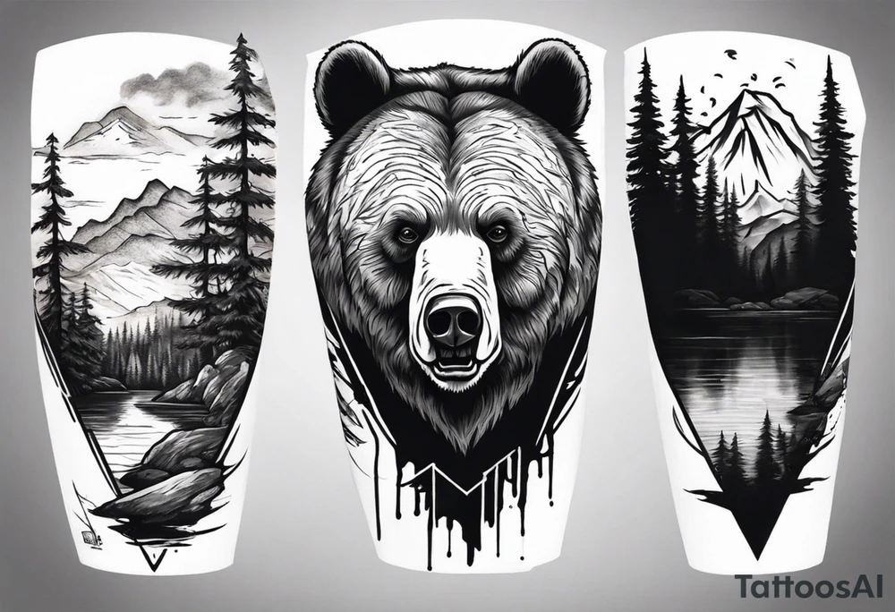 bear head right above the forest line with a lake below, full arm sleeve tattoo tattoo idea