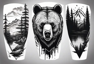 bear head right above the forest line with a lake below, full arm sleeve tattoo tattoo idea