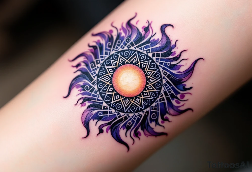 A full-circle sun in dark violet and black spirals symbolizes unity and eternity in Celtic lore. tattoo idea