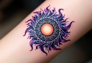 A full-circle sun in dark violet and black spirals symbolizes unity and eternity in Celtic lore. tattoo idea