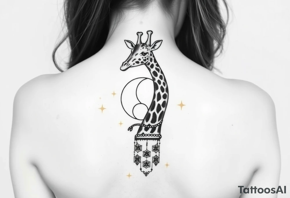 Giraffe with moon and gemini symbol tattoo idea