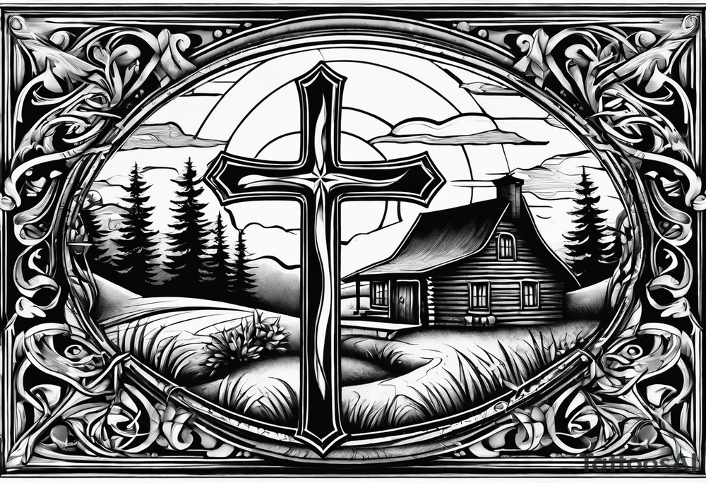 cross with whiskey glass, golf club, camp fire and cabin in the quandrants tattoo idea