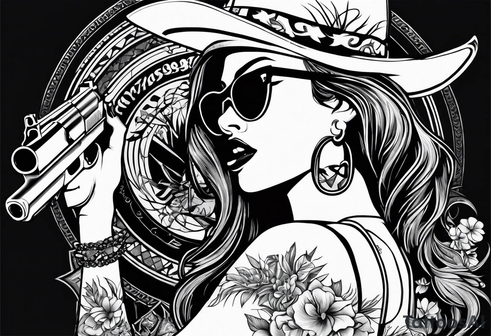 sexy lady holding a gun in mini shorts and bra blowing the gun while it’s smoking, the words “lady killer” beside it, a y2k inspired tattoo tattoo idea