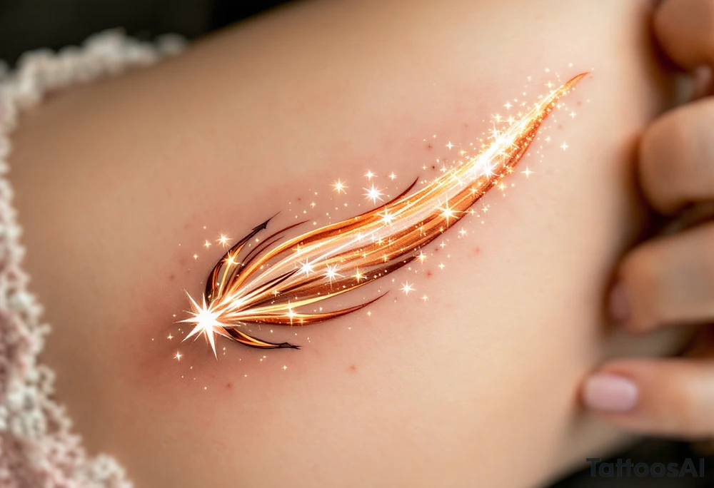 A shooting star with a long, flowing trail of golden sparkles, shooting past an archer's bow. The bow itself is earthy brown with a touch of copper highlights, while the star’s trail is dotted with bright yellow and white sparks, symbolizing Sagittarius' pursuit of dreams and ambitions. tattoo idea