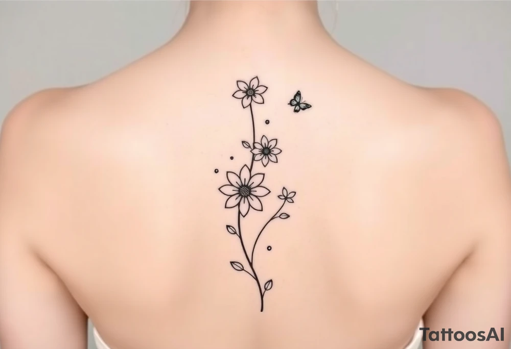 4 flowers vertical with small butterflies and swirls tattoo idea