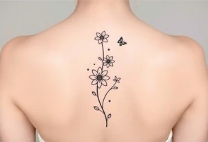 4 flowers vertical with small butterflies and swirls tattoo idea