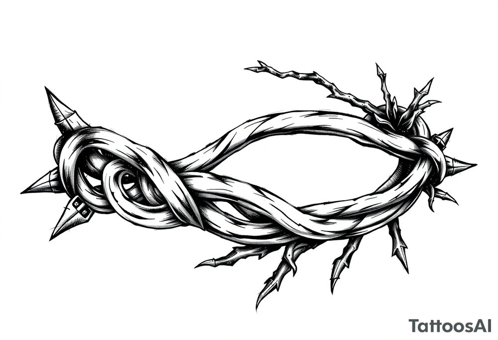 A Celtic knot armband with interwoven loops, featuring pointed ends that give it a dynamic, thorned or blade-like appearance that incorporates nature through roots Designed to wrap around the arm like a torc or tribal band tattoo idea