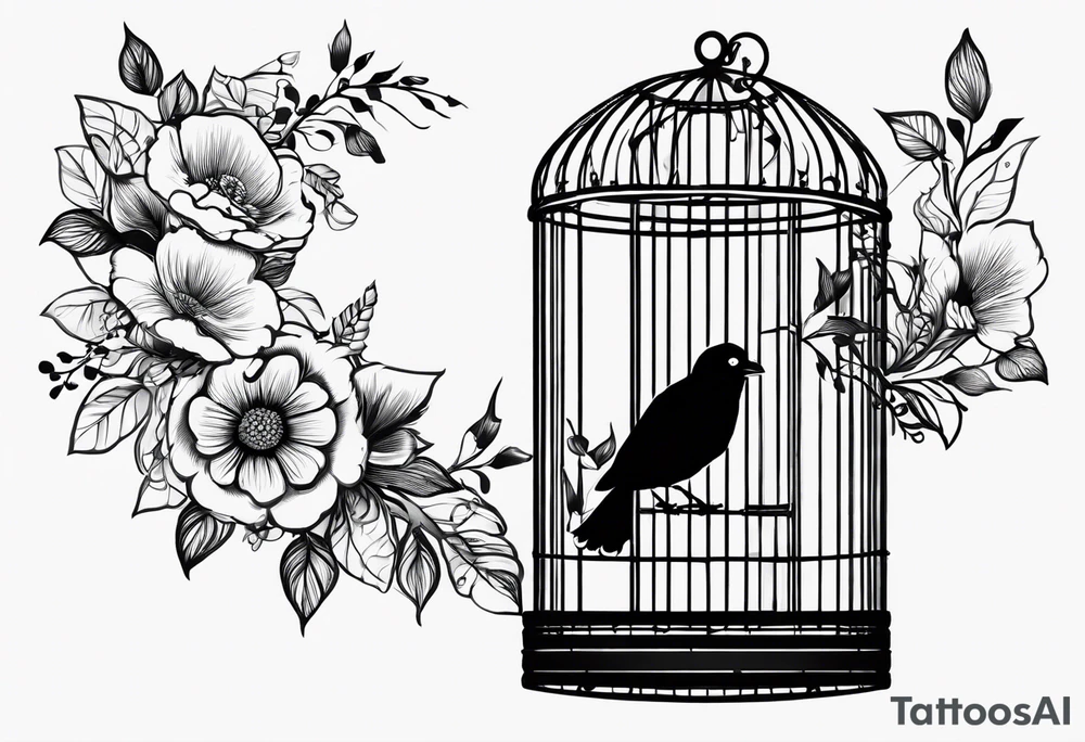 big bird in a long but too small cage as in the song ''big bird in a small cage'' from patrick watson. the wings of the bird passing threw the bars of the cage.
 Add decoration outside the cage like flowers or foliage tattoo idea