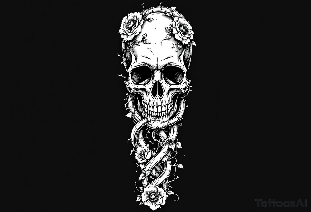 gothic skull intertwined with climbing roses and thorny vines tattoo idea