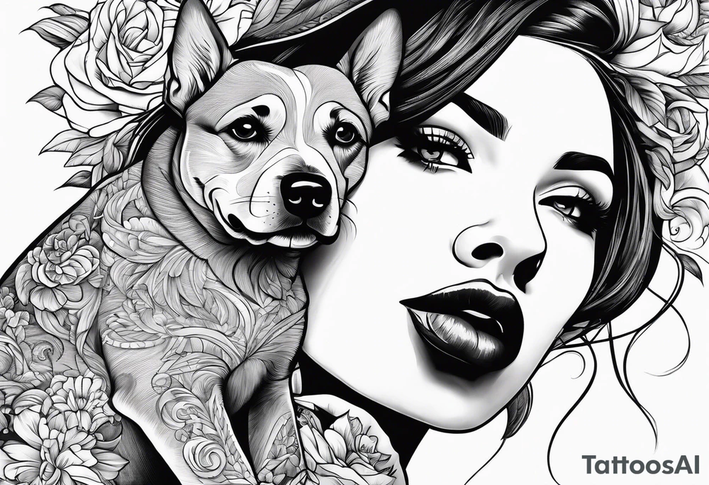 female dog reaching for hand of woman tattoo idea