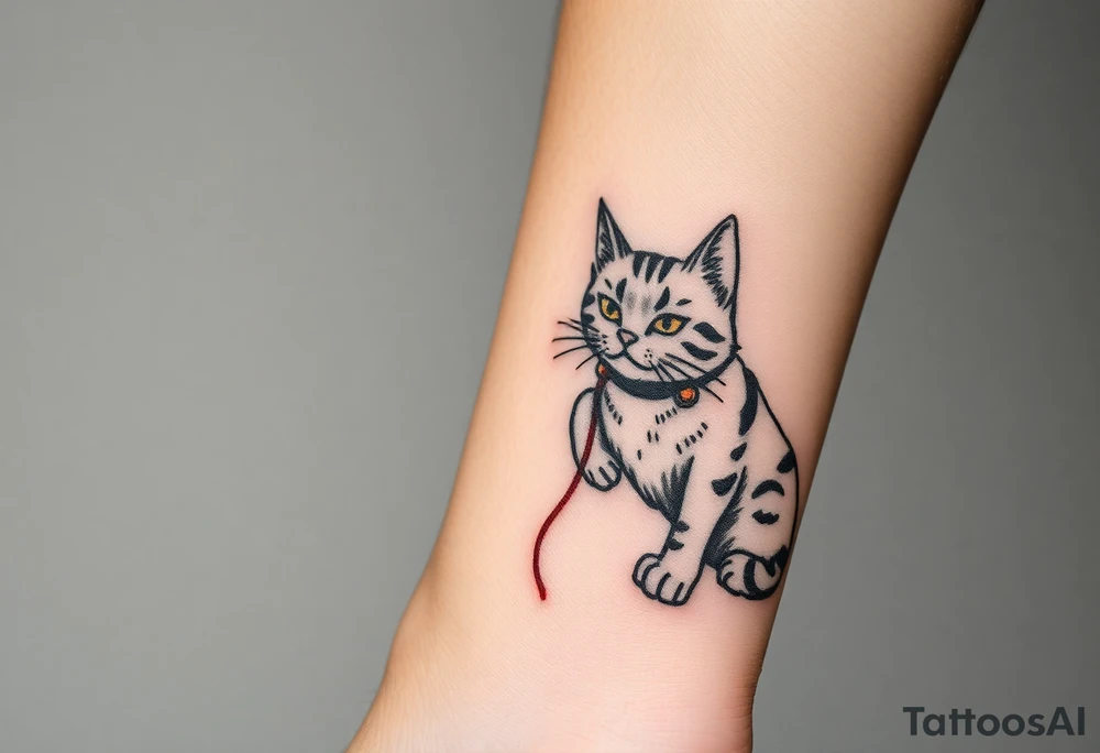 chinese chopsticks with a red thread by the end of it,
about 5cm long , 1 cm wide
it goes into the anterior part of the left wrist
besids places a chinese cat drawing tattoo idea